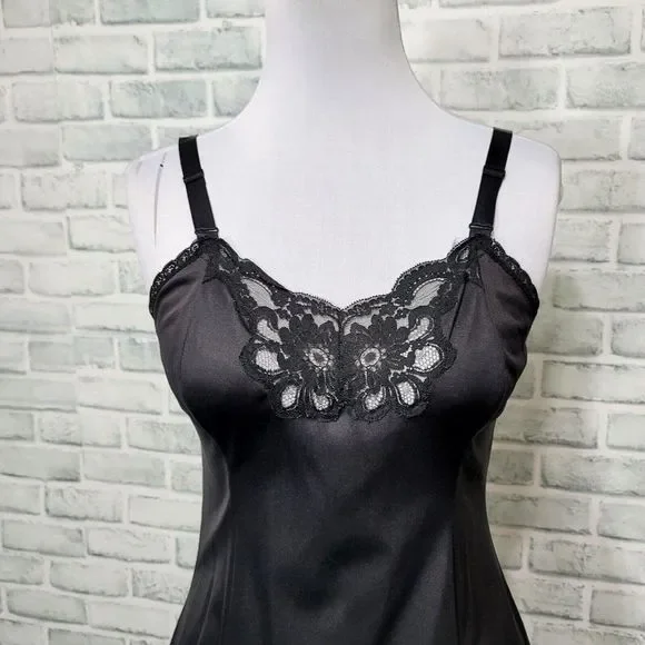 Vintage WONDER MAID 36 Non Cling Nylon‎ Black Full Slip Dress Lace Union Label - Picture 2 of 9